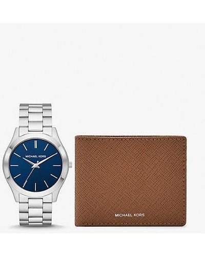 Michael Kors Mk Oversized Slim Runway-Tone Watch And Saffiano Leather Wallet - Blue