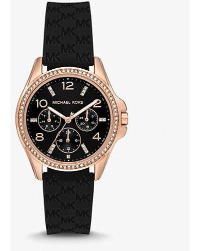 Michael Kors Mini Pilot Pavé Rose Gold-tone And Logo Silicone Watch - Black