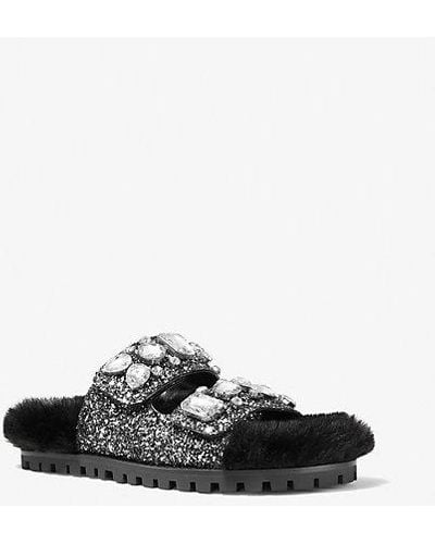 Michael Kors Stark Embellished Glitter And Faux Fur Slide Sandal - White