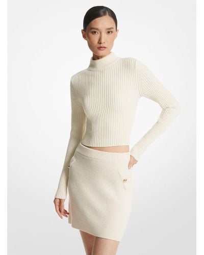 Michael Kors Mk Ribbed Stretch Wool Mini Skirt - Natural