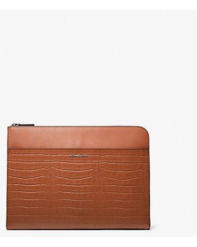 Michael Kors Hudson Crocodile Embossed Leather Laptop Case - Brown