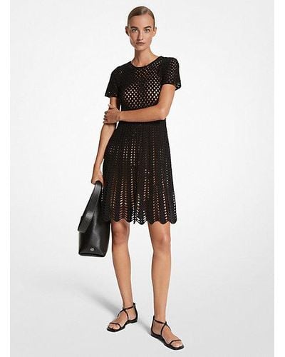 Michael Kors Cashmere Crochet-Knit Short-Sleeve Mini Dress - Black
