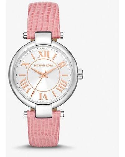 Michael Kors Laney Silver-tone And Lizard Embossed Leather Watch - Pink