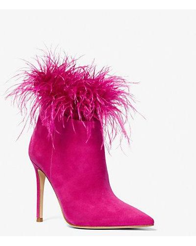 Michael Kors Whitby Feather Trim Suede Ankle Boot - Pink