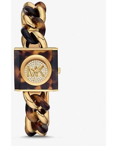 Michael Kors Petite Lock Pavé Gold-tone And Tortoiseshell Acetate Chain Watch - White
