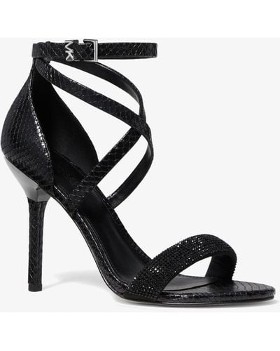 Michael Kors Astrid Embellished Snake Embossed Leather Sandal - Black