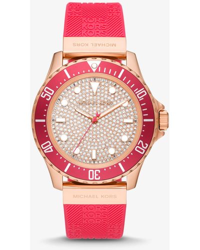 Michael Kors Übergroße Armbanduhr Slim Everest Im Rosé-Goldton Mit Pavé Und Geprägtem Silikonarmband - Pink