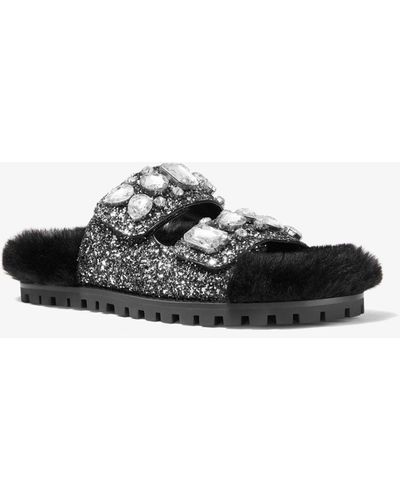 Michael Kors Stark Embellished Glitter And Faux Fur Slide Sandal - Black