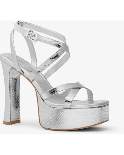 Michael Kors Paola Metallic Snake Embossed Leather Platform Sandal - White