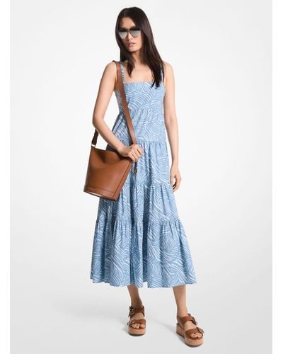Michael Kors Zebra Print Stretch Organic Cotton Poplin Dress - Blue