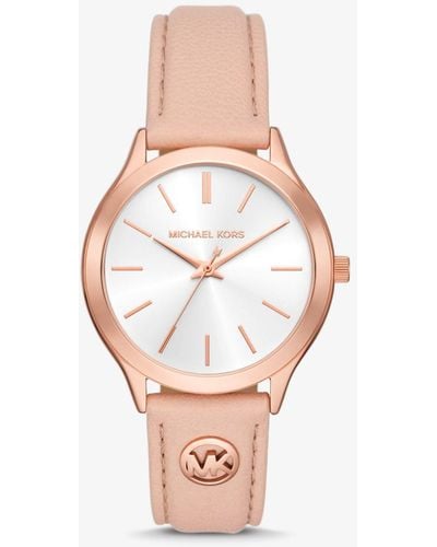 Michael Kors Slim Runway Rose Gold-tone And Leather Watch - White