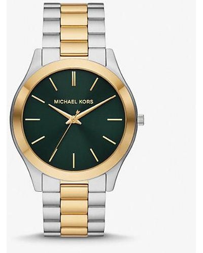 Michael Kors Slim Runway Silver And Gold Two-tone Stainless Steel Bracelet Watch - Metallic