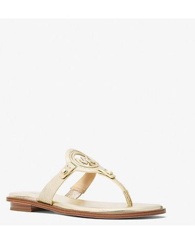 Michael Kors Aubrey Cutout Metallic Leather T-strap Sandal - Natural