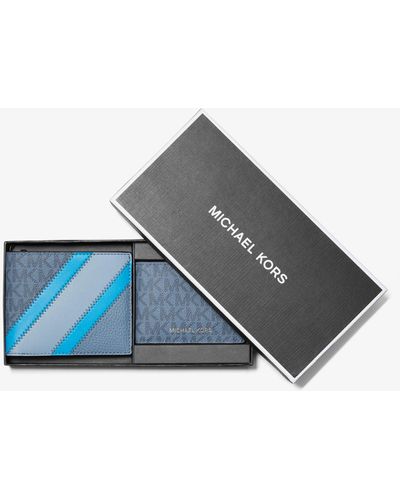 Michael Kors Logo And Faux Leather Stripe Wallet With Passcase Gift Set - Blue