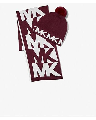 Michael Kors Logo Intarsia Knit Beanie And Scarf Set - Red