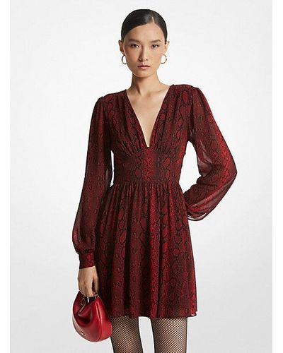 Michael Kors Snake Print Georgette V-neck Dress - Red