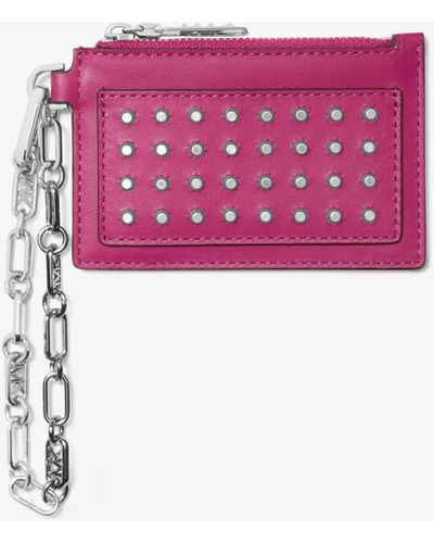 Michael Kors Porta carte di credito piccolo in pelle con borchie catena e logo Empire - Rosa