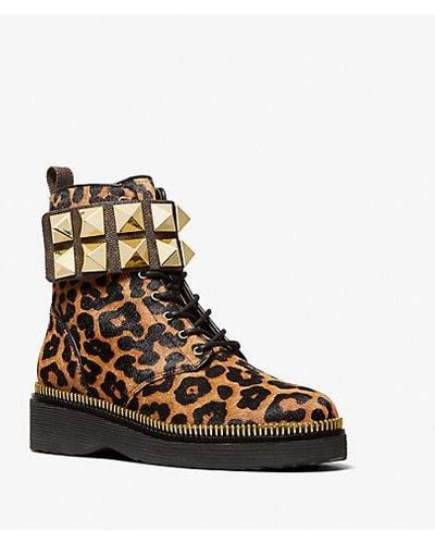 Michael Kors Haskell Studded Printed Calf Hair Combat Boot - White