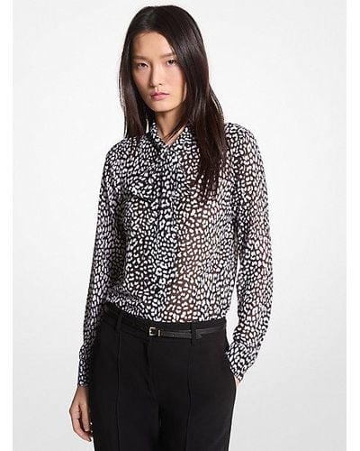 Michael Kors Graphic Leopard Print Georgette Tie-neck Blouse - Black