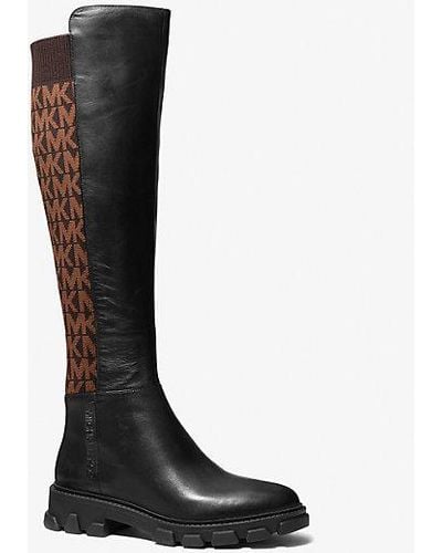 Michael Kors Ridley Leather And Logo Jacquard Knee Boot - Black