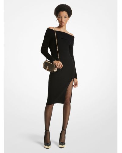 Michael Kors Off-the-shoulder Ribbed Wool And Cashmere Dress - Black