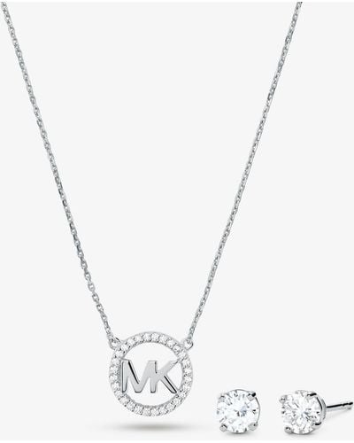 Michael Kors 14k Rose Gold-plated Sterling Silver Pavé Logo Charm Necklace And Stud Earrings Set - White