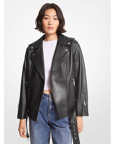 Michael Kors Belted Leather Biker Jacket - Gray