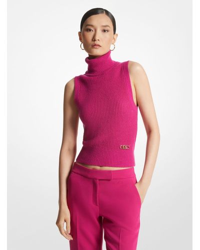 MICHAEL Michael Kors Sleeveless Merino Wool Blend Turtleneck Top - Red