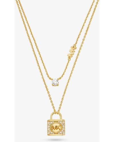 Michael Kors Collier à étages en argent sterling plaqué métal précieux avec cadenas à pierres pavées - Métallisé