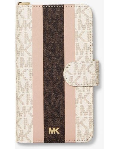 Michael Kors Custodia Folio a righe con logo e cinturino per iPhone X/XS - Bianco