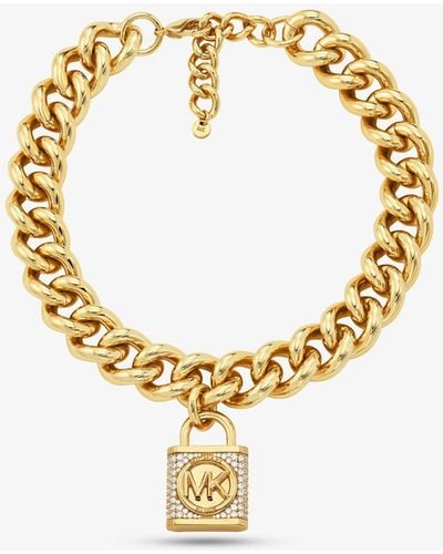 Michael Kors Collana a maglie curve in ottone placcato oro 14K con lucchetto e pavé - Metallizzato