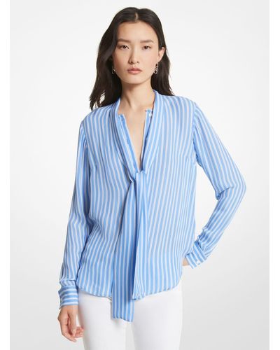 Michael Kors Striped Georgette Tie-neck Blouse - Blue