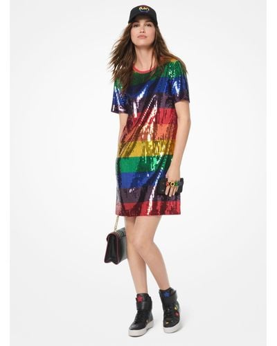 Michael Kors Rainbow Sequined Cotton-jersey T-shirt Dress - Multicolour