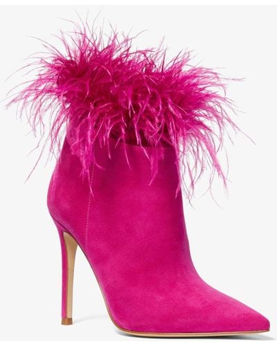 Michael Kors Whitby Feather Trim Suede Ankle Boot - Pink