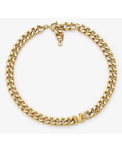 Michael Kors Mk Precious Metal-Plated Brass Pavé Logo Curb Link Necklace - Metallic
