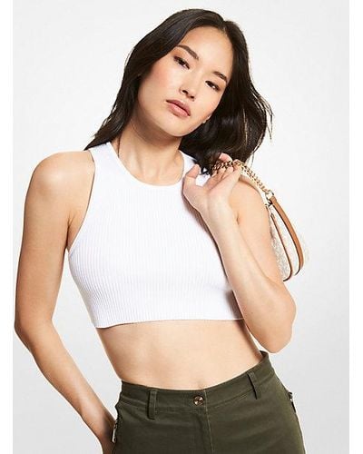 Michael Kors Ribbed Stretch Viscose Cropped Tank Top - White