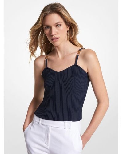 Michael Kors Ribbed Stretch Viscose Cropped Tank Top - Blue
