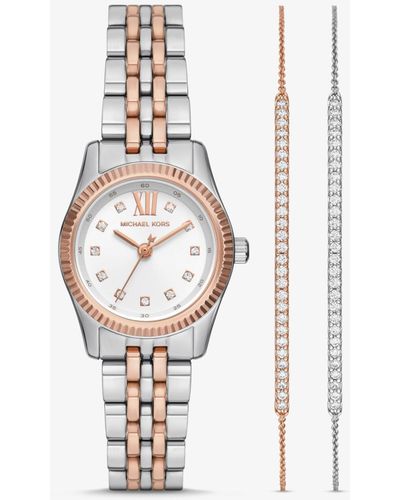 Michael Kors Lexington Pavé Two-tone Watch And Slider Bracelet Gift Set - White