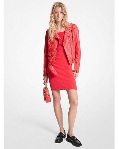 MICHAEL Michael Kors Mk Crinkled Leather Moto Jacket - Red