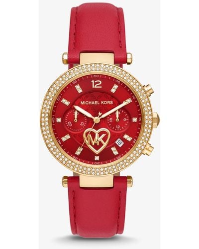 Michael Kors Parker Qixi Pavé Gold-tone And Leather Watch - Red
