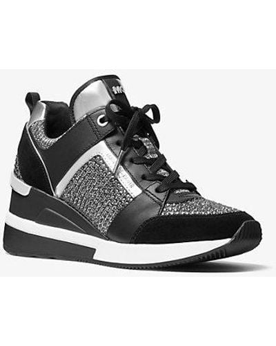 Michael Kors Georgie Leather And Glitter Chain-mesh Sneaker - Black