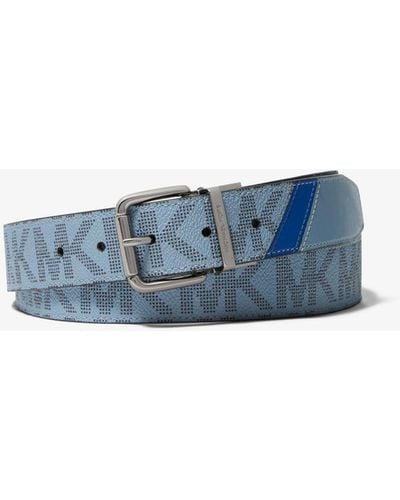 Michael Kors Reversible Striped Logo And Faux Leather Belt - Blue