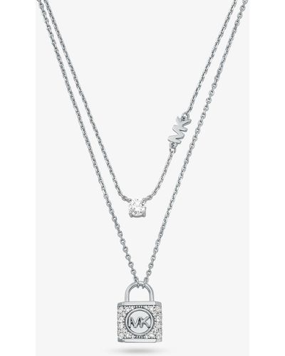 Michael Kors Double Layered Pave Lock Necklace - White