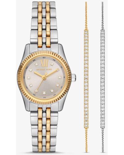 Michael Kors Coffret-cadeau avec montre Lexington bicolore à pierres pavées et bracelets à glissière - Blanc