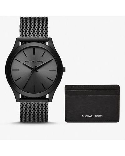 Michael Kors Runway Black Stainless Steel Mesh Watch & Leather Cardholder Gift Set