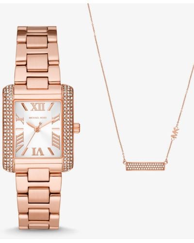 Michael Kors Set de regalo de collar y reloj Emery mini en tono dorado rosa con incrustaciones - Metálico
