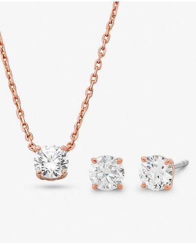 Michael Kors Precious Metal Plated Sterling Silver Cubic Zirconia Necklace And Earrings Set - White