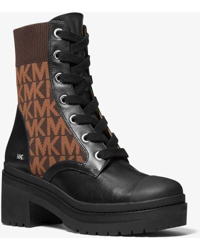 Michael Kors Brea Leather And Logo Jacquard Combat Boot - Brown
