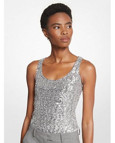 Michael Kors Sequined Stretch Tulle Scoop-neck Bodysuit - White