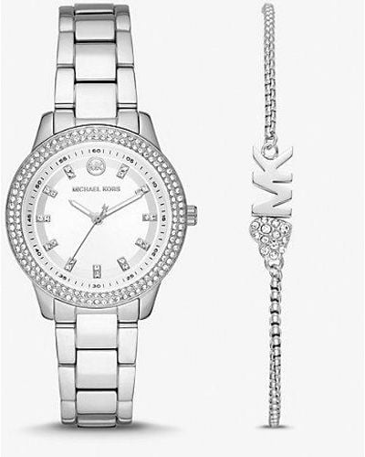 Michael Kors Mini Tibby Pavé Silver-tone Watch And Bracelet Gift Set - White